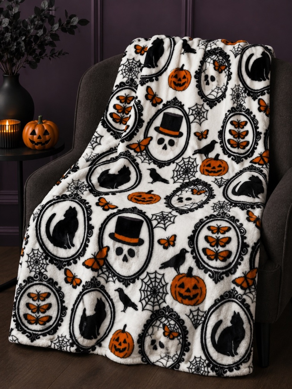 Olivia & Co Halloween Plush Throw 60x70 Skull Black Cat Pumpkin Gothic Blanket